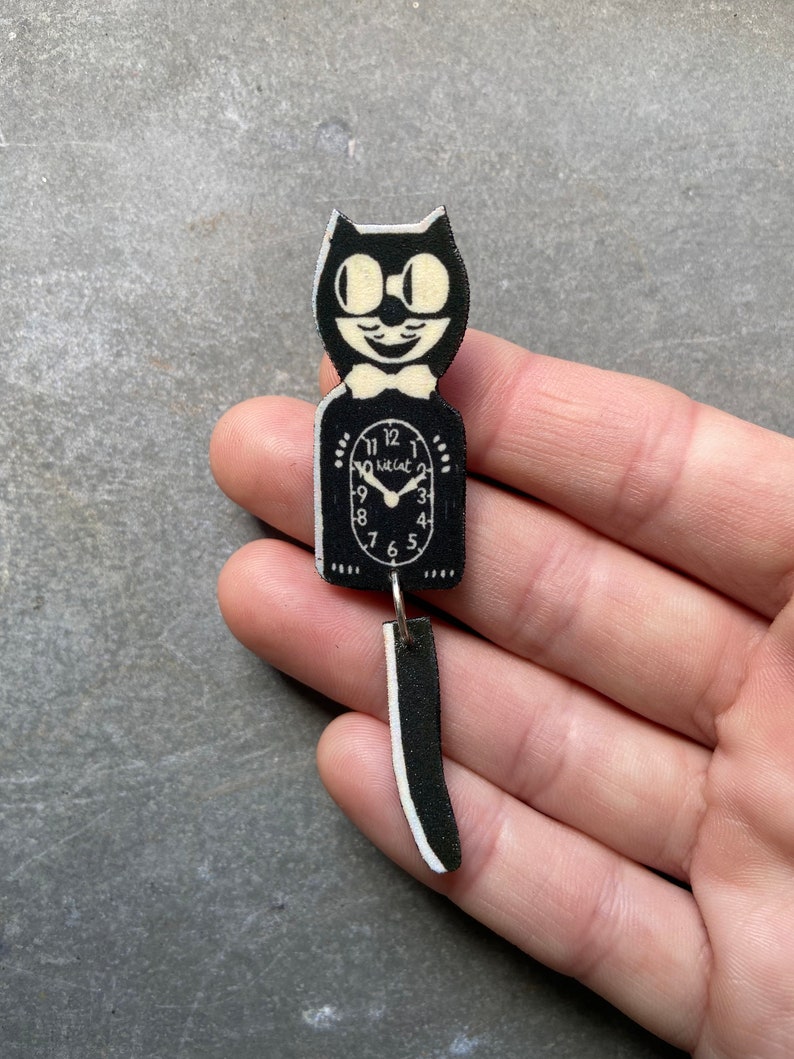 Kit Cat Clock Pin Button Moving Tail Brooch Etsy