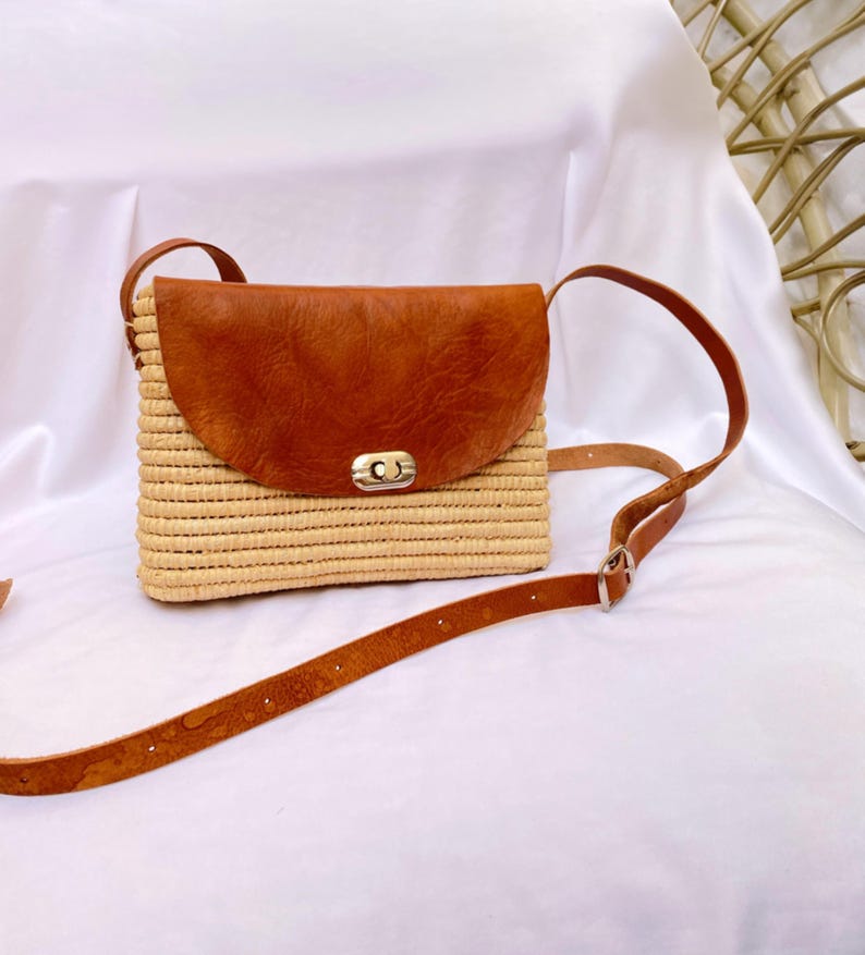 Handmade Leather Raffia Crossbody Bag, Boho Style