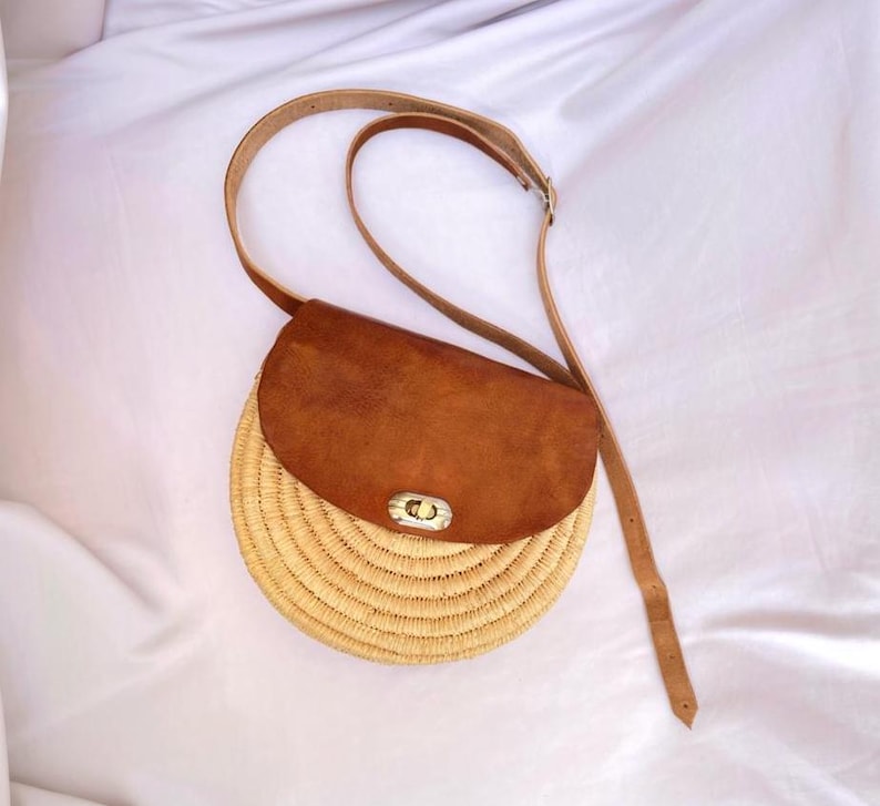 Handcrafted Raffia Crossbody Bag with Leather Flap, Natural Straw Purse with Adjustable Strap