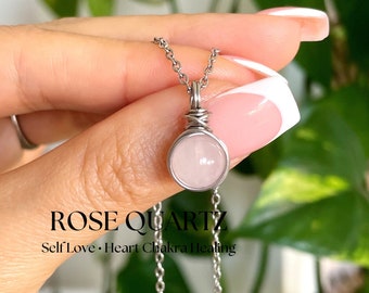 Rose Quartz Necklace: Stainless Steel Chain, Healing Crystal Pendant