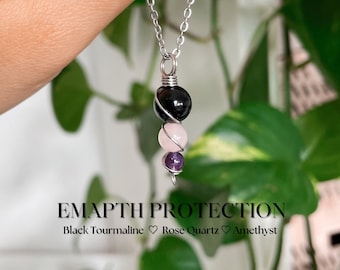 Empath Protection Necklace Stainless Steel: Black Tourmaline, Rose Quartz & Amethyst