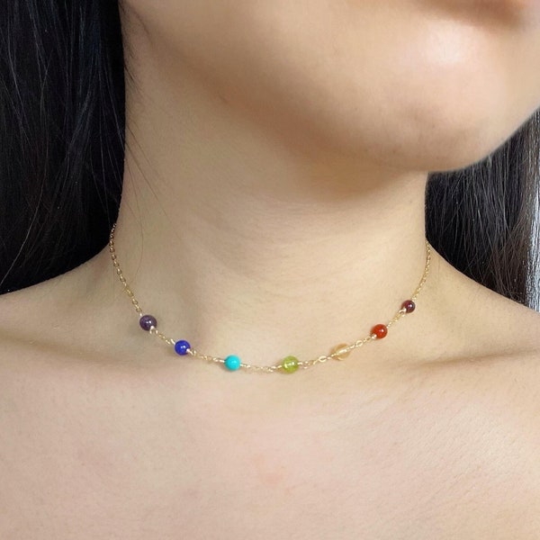 Dainty 7 Chakra Necklace In Sterling Silver And Gold Filled | Healing Gemstone Necklace Gift For Her