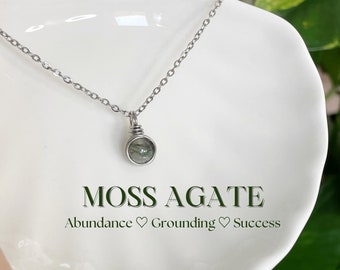 Moss Agate Necklace: Stainless Steel Wire Wrapped Pendant
