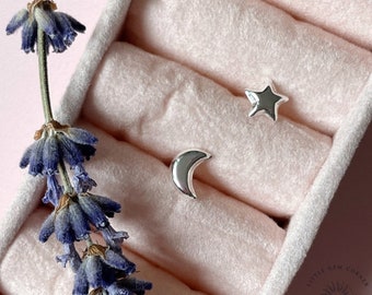 Dainty Moon And Star Earrings In Sterling Silver | Mismatched Moon And Star Earrings | Crescent Moon And Star Stud Earrings