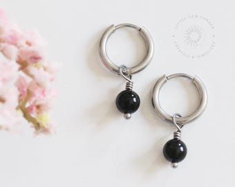 Black Tourmaline Earrings: Stainless Steel Huggie Hoops, Empath Protection
