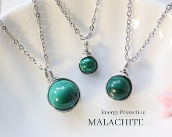 Malachite Necklace In Stainless Steel | Healing Crystal Gift For Energy Protection | Unisex Gift