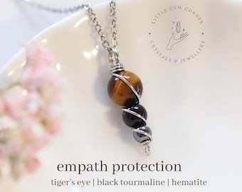Empath Protection Necklace | Black Tourmaline, Tigers Eye & Hematite | Stainless Steel Chain | Unisex Gift