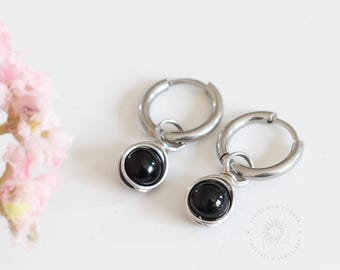 Black Tourmaline Hoop Earrings: Stainless Steel Huggies, Grounding Crystal