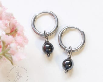Hematite Earrings | Stainless Steel Huggie Hoops | Gift For Aries, Aquarius