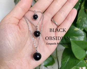 Handmade Black Obsidian Necklace: Stainless Steel Chain, Empath Protection