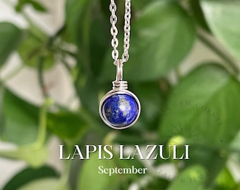 Lapis Lazuli Necklace: Stainless Steel Wire Wrapped Pendant, September Birthstone