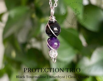 Handcrafted Protection Necklace Gift | Black Tourmaline, Amethyst & Clear Quartz Necklace | Stainless Steel