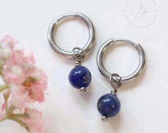 Sodalite Earrings | Stainless Steel Huggie Hoops | Gift For Sagittarius
