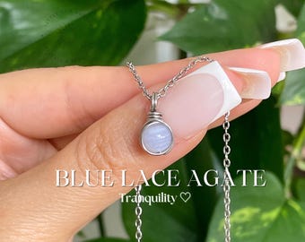 Blue Lace Agate Stainless Steel Necklace | Crystal Healing Gift