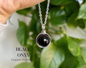 Black Onyx Necklace: Stainless Steel Chain, Empath Protection