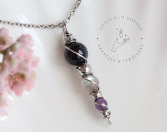 Black Tourmaline, Labradorite, Amethyst Stainless Steel Necklace, Resilience Peace Pendant