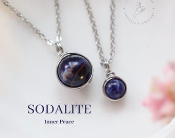 Sodalite Pendant Necklace: Stainless Steel Wire Wrapped Healing Crystal