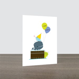 Cute Whale Birthday Cake Card - Whale Card, Bird Card, Chocolate Lover Card, Happy Birthday Card. Eco Friendly