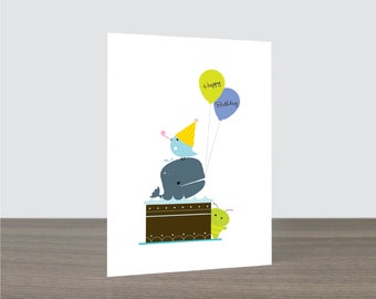 Cute Whale Birthday Cake Card - Whale Card, Bird Card, Chocolate Lover Card, Happy Birthday Card. Eco Friendly
