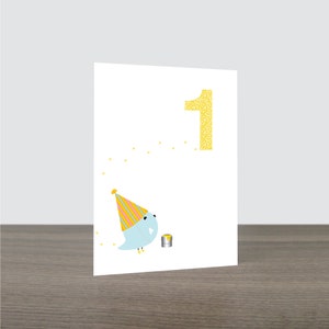 Carte d'anniversaire mignonne d'âge de peinture d'oiseau - carte de joyeux anniversaire, carte d'oiseau, première carte d'anniversaire, fête d'anniversaire d'enfants, écologique