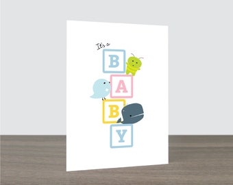 Cute Baby Block Baby Card - New Baby, Bird Card, Whale Card, Baby Shower, Congratulations Card, New Born Card, It's a Baby, Eco Friendly