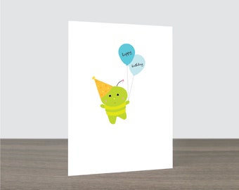 Cute Green Alien Wormie Birthday Card - Balloon Card, Kids Birthday, Boy Birthday, Friendly Alien, Green Lover, Eco Friendly