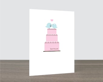 Cute Bird Pink Cake Wedding Card - Love Card, Just Married Card, Love Bird, Cake Lover, Bird Kiss, Congratulations Card, Eco Friendly