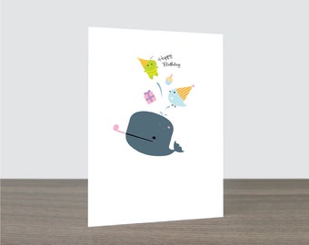 Cute Whale Bird Alien Birthday Party Card - Whale Card, Bird Card, Kids Birthday, From All of Us, Eco Friendly