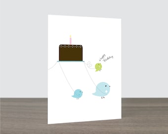 Cute Chocolate Cake Birthday Card - Chocolate Lover, Bird Card, Bird Lover, Kids Birthday, Sweeth tooth, Disney Up Inspired. Eco Friendly