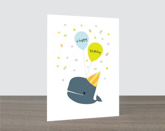 Cute Whale Confetti Birthday Card - Balloon and Confetti, Happy Birthday Card, Whale Card, Whale Lover, Kids Birthday Party, Eco Friendly