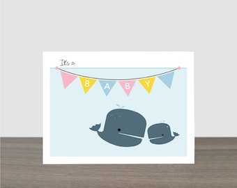 Cute Whale Pennant Baby Card - It's a Baby Card, Pennant Bunting Flags, Cute Baby Shower Whale, New Parent Card, Whale Card Ecofriendly Card