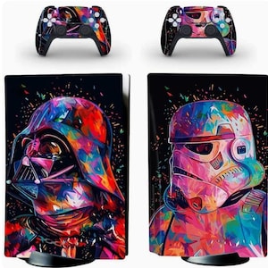 May include: Two colourful Playstation 5 console covers. One features a colourful Darth Vader design and the other features a colourful Stormtrooper design.