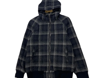 Vintage Kansai Yamamoto Kansai Jeans Checked Wool Fully Zipper Up Hooded Jacket Size Large