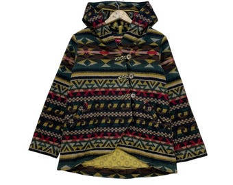 May include: A hooded jacket with a colorful geometric pattern in shades of red, green, yellow, and black. The jacket has a long, asymmetrical hemline and a front closure with decorative buttons.