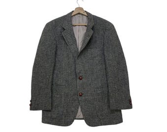 Vintage 80s Chester Barrie Gray Black Brown Plaid Tweed Sport Coat