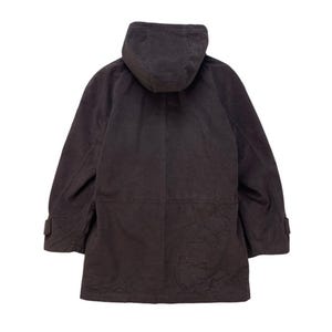 May include: A dark brown hooded jacket with a zipper closure and a long length. The jacket has a relaxed fit and a casual style.