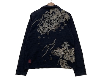 Chaqueta vintage Karakuri Tamashi con cuadros bordados, dragón, logo grande y media cremallera
