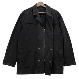 May include: A black zip-up jacket with a long sleeve, two pockets, and a button closure. The jacket has a textured fabric and a relaxed fit.