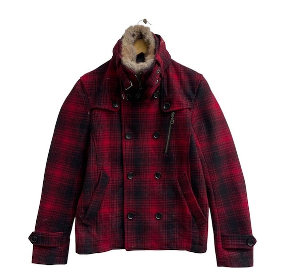 Japanese Brand Rattle Trap Wool Shadow Plaid Rabbit Fur Collar