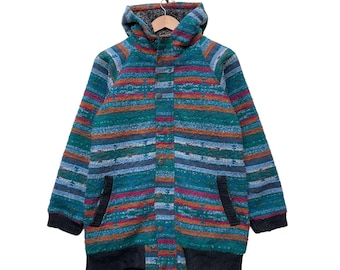 May include: A hooded jacket with a colorful striped pattern in shades of teal, blue, orange, and pink. The jacket has a button-up front, two pockets, and a black ribbed hem and cuffs. The jacket is hanging on a wooden hanger.