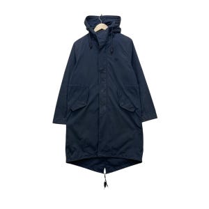 May include: A navy blue hooded parka coat with a drawstring hood and two front pockets. The coat has a button-up front and a drawstring at the hem. A small logo is visible on the chest.
