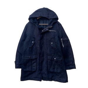 May include: A dark navy blue parka with a hood and multiple pockets. The jacket features a zip closure and a long, straight design. The fabric looks to be a robust, potentially water-resistant material.