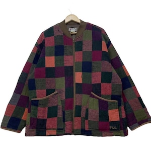 Vintage 90s Fila Multi Color Checked Pachtwork Oversized Jacket Size Xl
