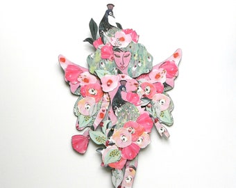 Floral Pink and Seafoam Peacock Dancing Fairy Paper Art Doll, Maximalist Art Doll, Paper Doll Fairy, Articulated Paper Doll, Fairy Art Doll