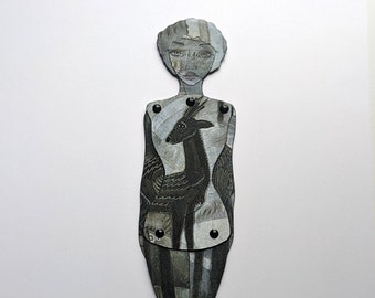 Marque-page de poupée en papier noir et gris, poupée en papier monochrome, poupée d'art en papier articulé, poupée articulée, marque-page unique, gardien de page original