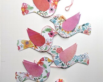 Paper Bird Vertical Bunting, Window hanger, Vertical Bird Garland, Spring Bird Garland, Garland, Floral Birds Bunting, Gift For Mum