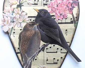 Blackbirds Wall Hanging, Ideal Gift For Bird Lover, Blackbirds Floral Wall Hanging, Floral Bird Decor, Gift For Wife, Valentine's Gift