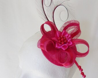 Cerise Pink and Scarlet Red Pheasant Curl Feather Sinamay & Pearl Fascinator Mini Hat - Made To Order for a Wedding or the Derby