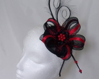 Black & Cherry Red Pheasant Curl Feather Sinamay Satin Ribbon and Pearl Wedding Fascinator Mini Hat Scarlet - Made to Order