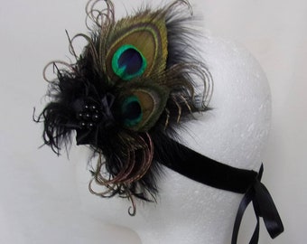 Black Flapper Band Peacock Feather & Pearl Vintage Gothic Style Head Band - Gatsby Charleston Wedding Party Ball - Made to  Order